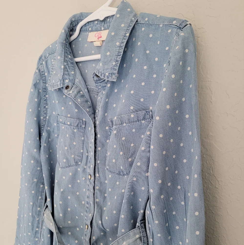 GB girls Polka Dot Shirt Dress, size Small, Blue & White - Picture 2 of 11